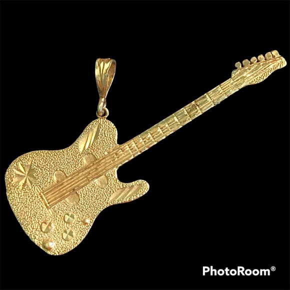 Vintage Jewelry - 14KT Guitar Pendant, Vintage Diamond-Cut Yellow Gold